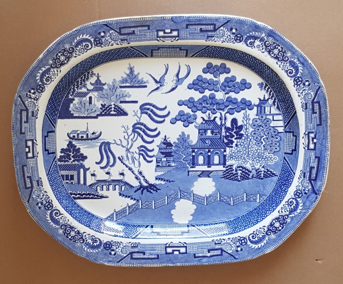 Grand Plat Faience Anglaise Decor Chinoiserie Bleu Et Blanc Debut XIX S Cm 42,5x52,5