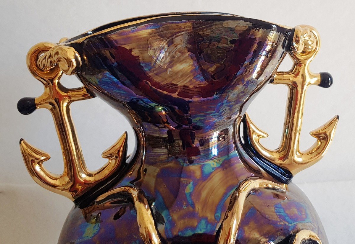 Grand Vase Faience Etruria XX S Années '50 Ancre, Octopus Et Autres Symbole Marins H 34 Cm-photo-3