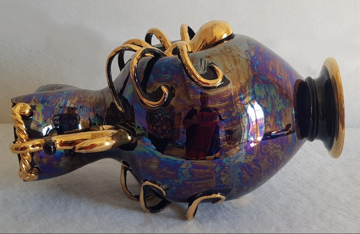 Grand Vase Faience Etruria XX S Années '50 Ancre, Octopus Et Autres Symbole Marins H 34 Cm-photo-2