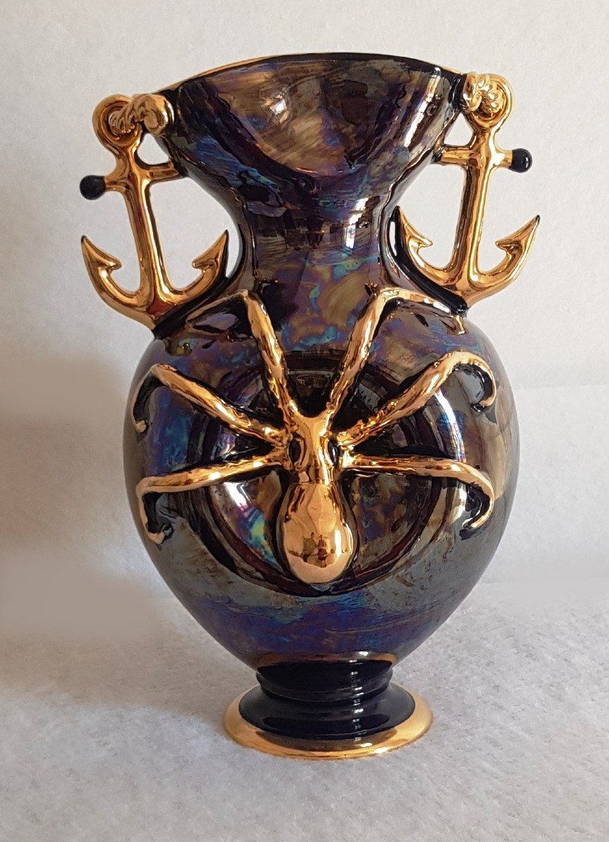 Grand Vase Faience Etruria XX S Années '50 Ancre, Octopus Et Autres Symbole Marins H 34 Cm-photo-5