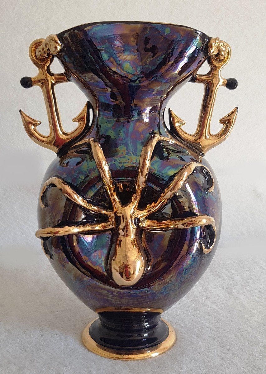 Grand Vase Faience Etruria XX S Années '50 Ancre, Octopus Et Autres Symbole Marins H 34 Cm