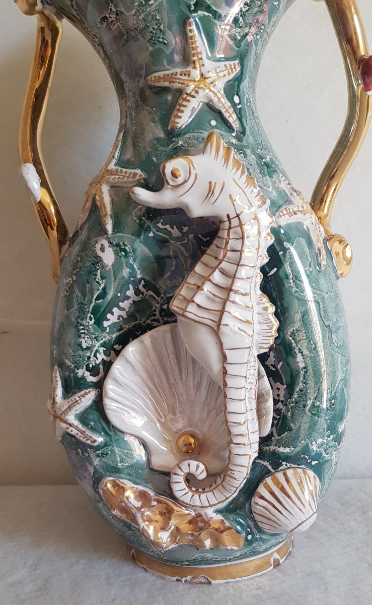 Grand Vase Faience Italien XX S Années '50 Hippocampe Coquillages Et Autres Symboles Marins-photo-2