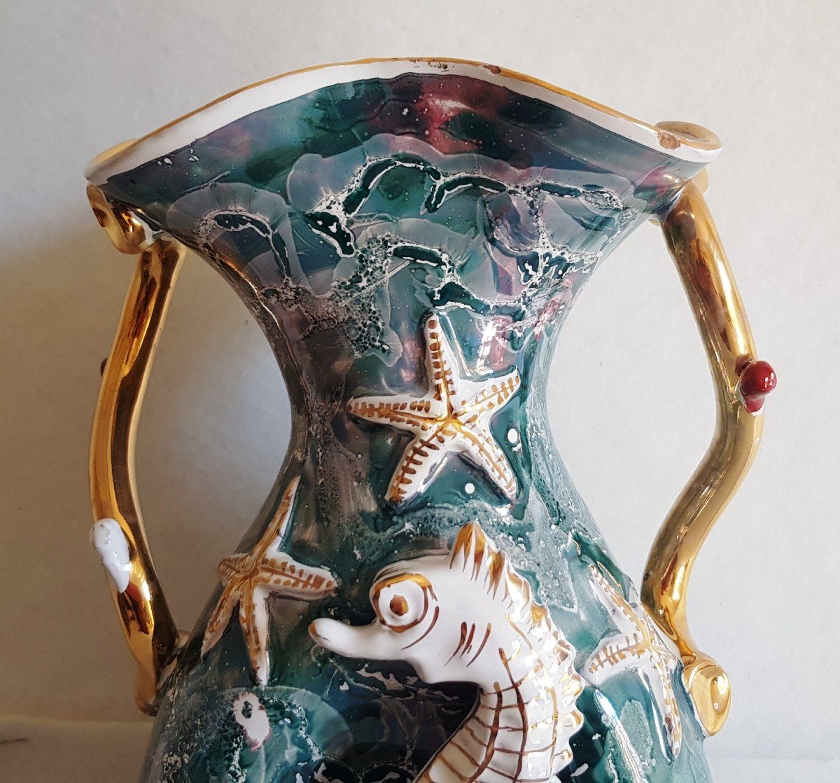 Grand Vase Faience Italien XX S Années '50 Hippocampe Coquillages Et Autres Symboles Marins-photo-3