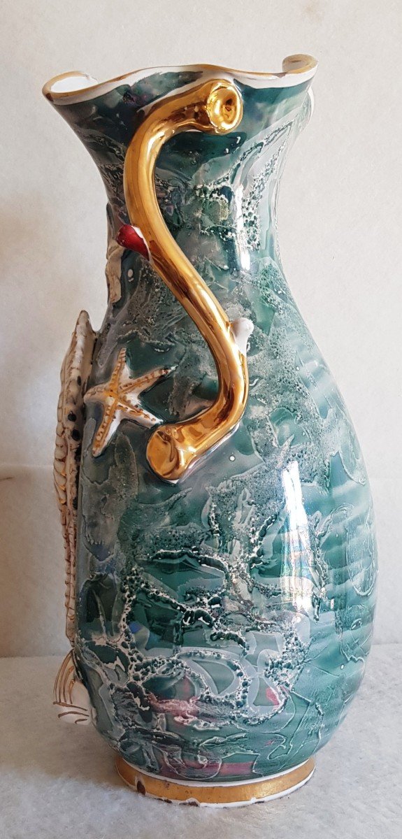 Grand Vase Faience Italien XX S Années '50 Hippocampe Coquillages Et Autres Symboles Marins-photo-3