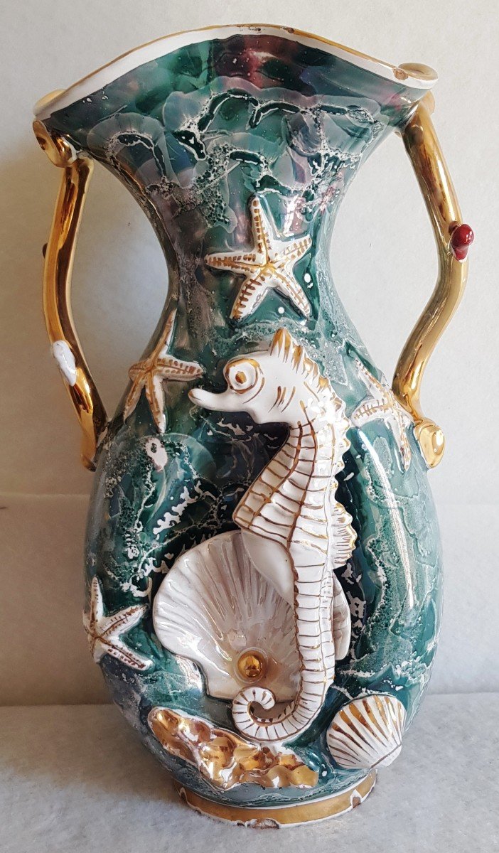 Grand Vase Faience Italien XX S Années '50 Hippocampe Coquillages Et Autres Symboles Marins