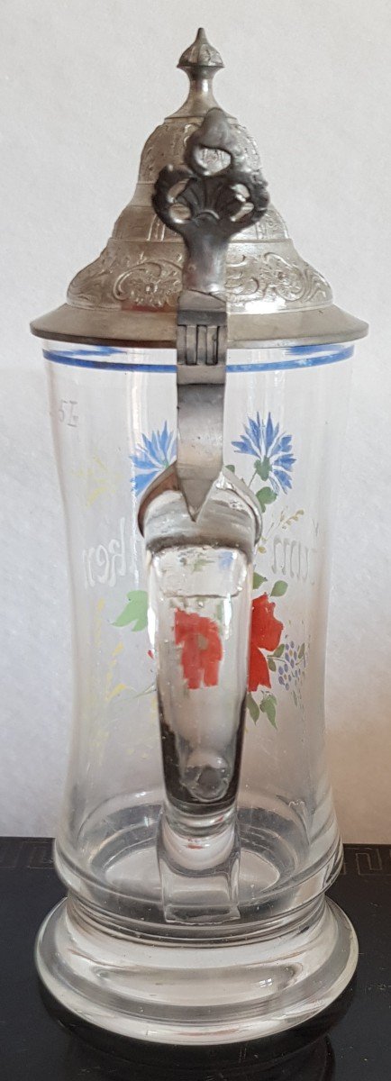 Tankard Allemand  Souvenir d'Allemagne Zum Andenken En Verre  Decor émail Peint Couvercle étain-photo-4