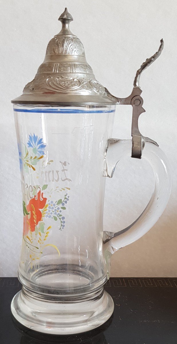 Tankard Allemand  Souvenir d'Allemagne Zum Andenken En Verre  Decor émail Peint Couvercle étain-photo-2