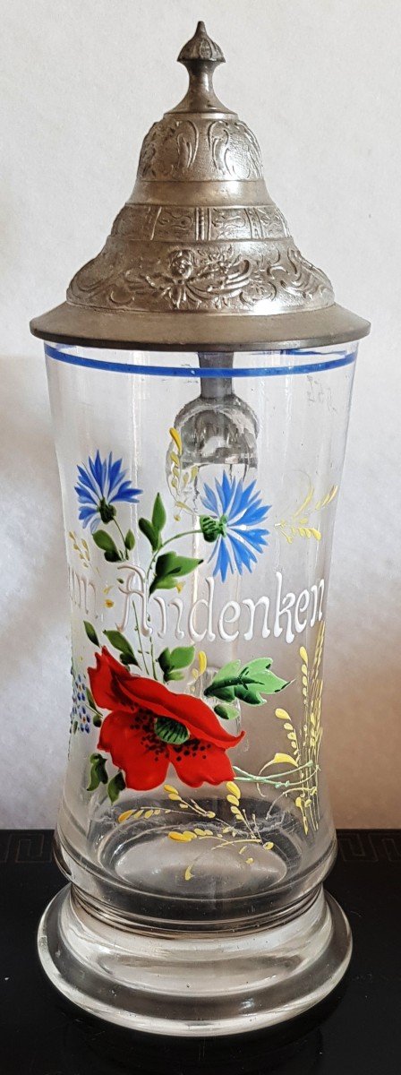 Tankard Allemand  Souvenir d'Allemagne Zum Andenken En Verre  Decor émail Peint Couvercle étain