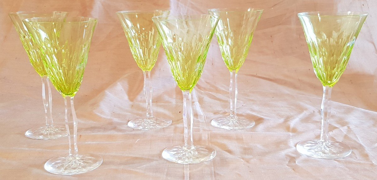 Serie De 6 Verres à Eau Orrefors Gate  Cristal Taillé Vert Uraline  H 18,5 Cm (5)