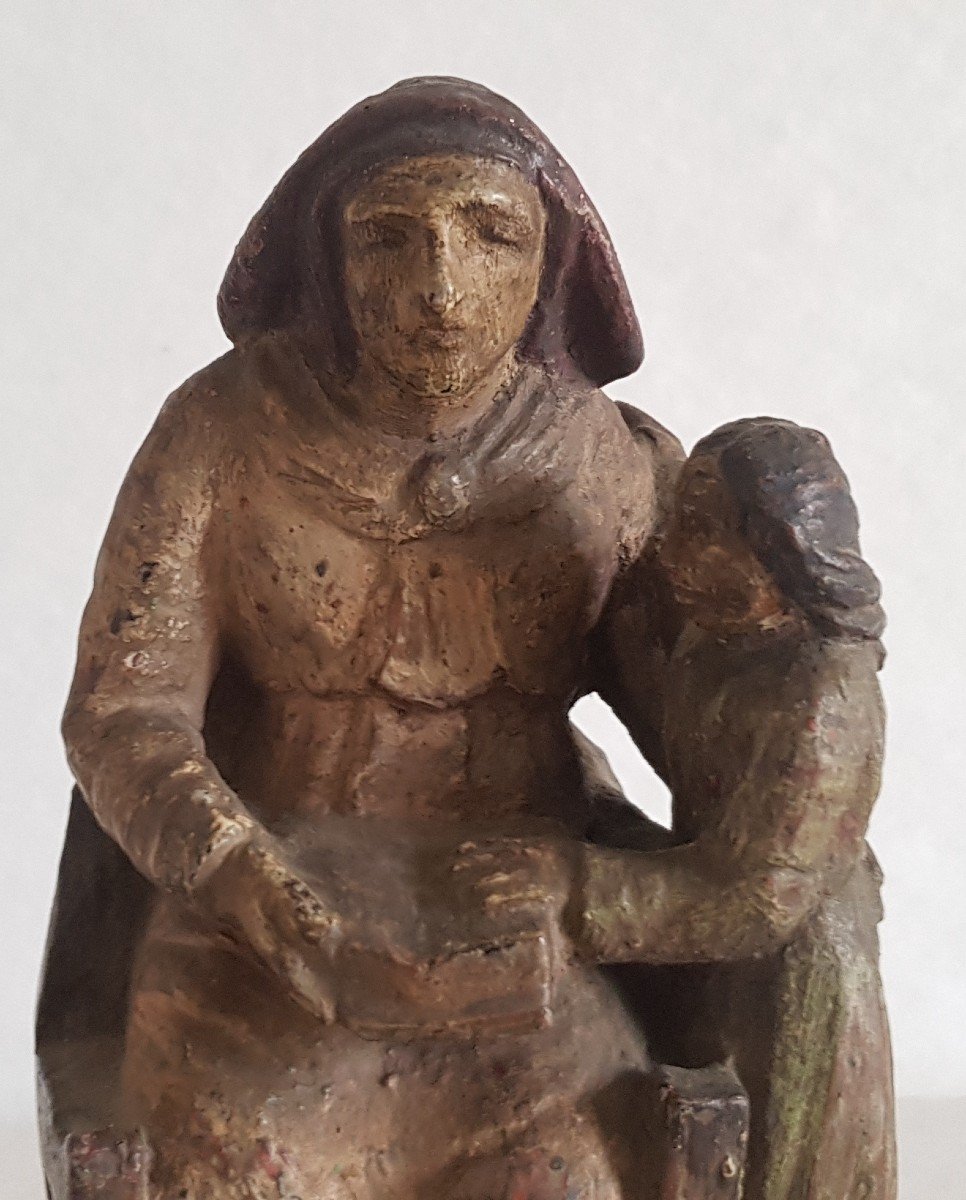 Ancienne Statue En Bois Sculpté Polychrome Début XIX S Sainte Anne Et Sa Fille La Vierge Marie-photo-2
