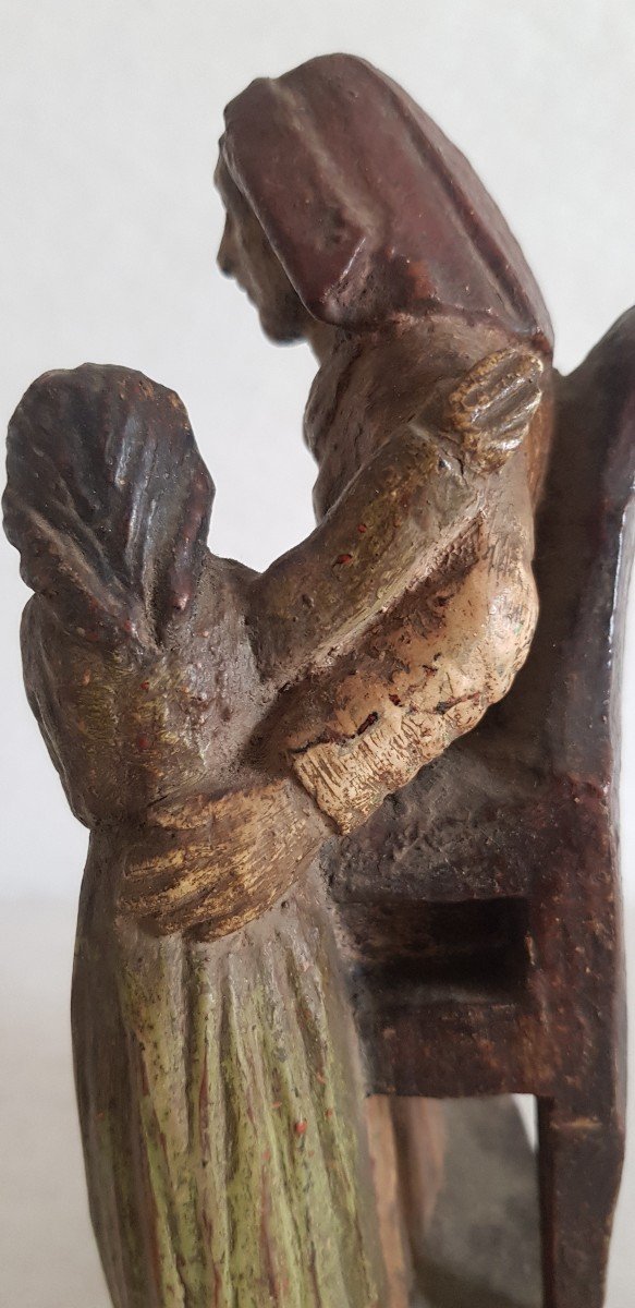 Ancienne Statue En Bois Sculpté Polychrome Début XIX S Sainte Anne Et Sa Fille La Vierge Marie-photo-4