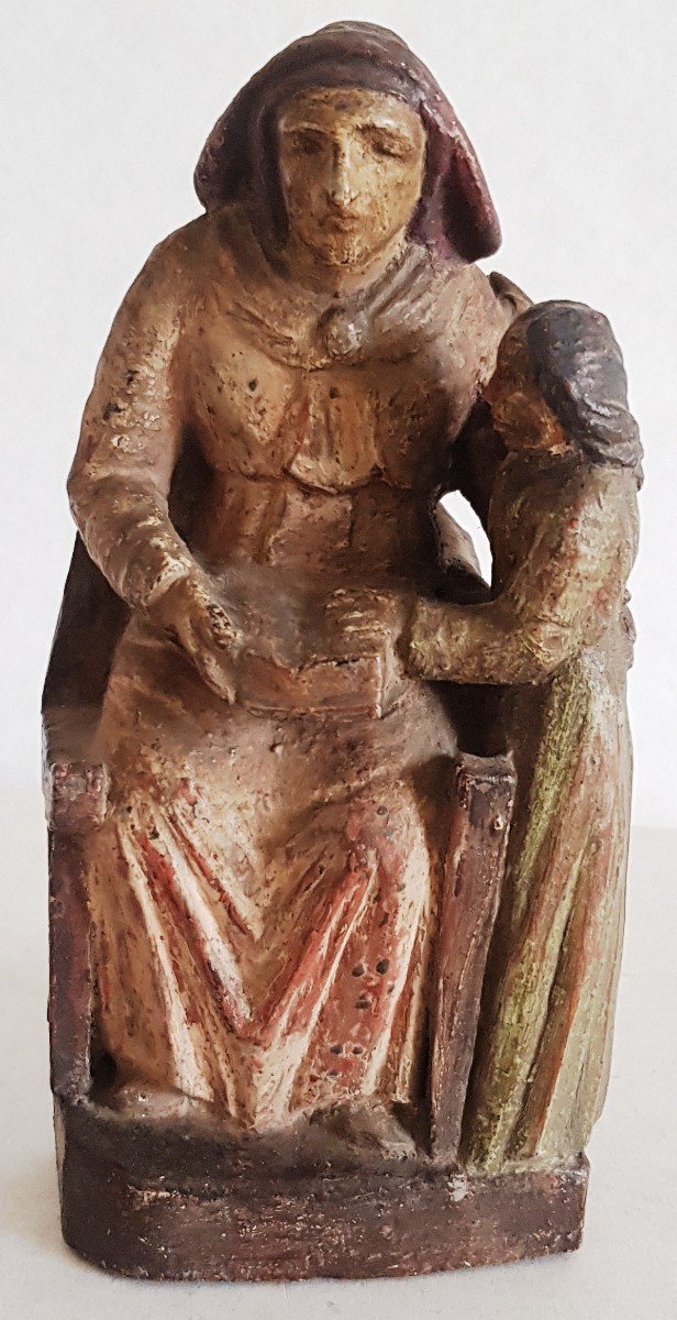 Ancienne Statue En Bois Sculpté Polychrome Début XIX S Sainte Anne Et Sa Fille La Vierge Marie