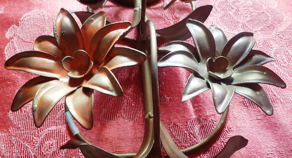 Paire Appliques En Tole De Fer Fleurs Et Feuilles Artisanat Florentin -photo-1