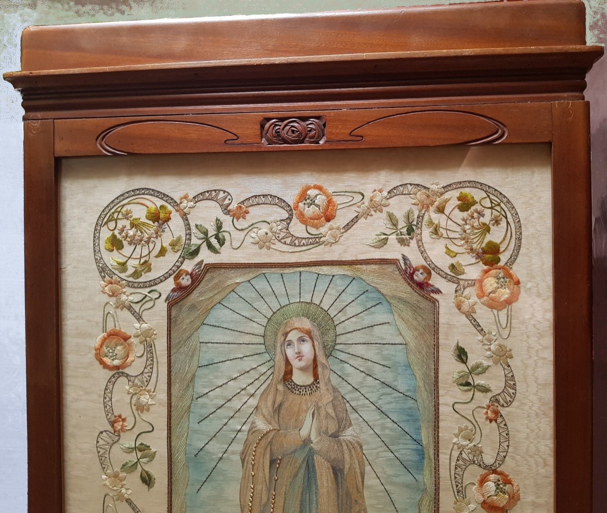 Vierge De Fatima Tableau Peint Et Brodé  Art Nouveau-photo-2