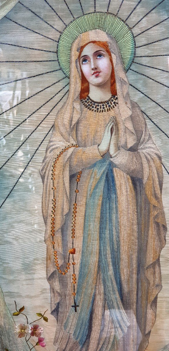 Vierge De Fatima Tableau Peint Et Brodé  Art Nouveau-photo-2