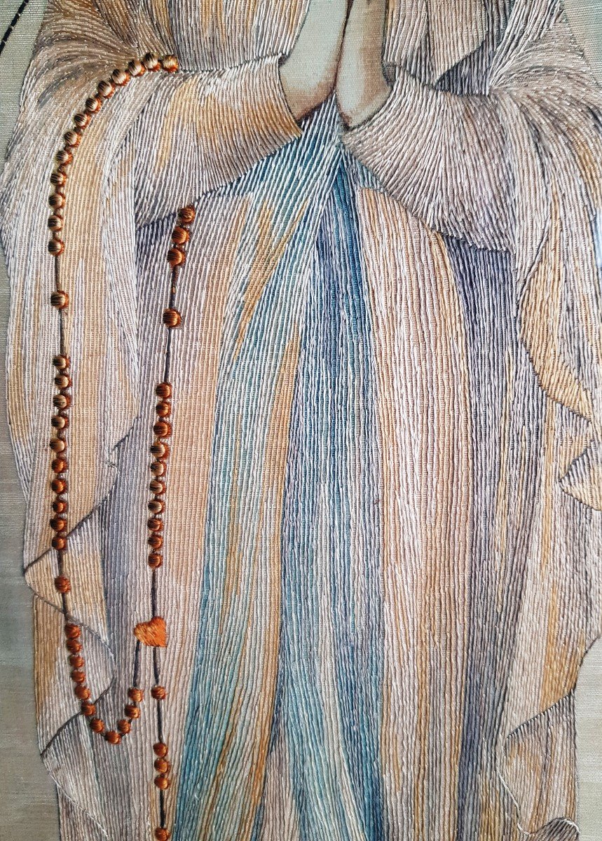 Vierge De Fatima Tableau Peint Et Brodé  Art Nouveau-photo-3