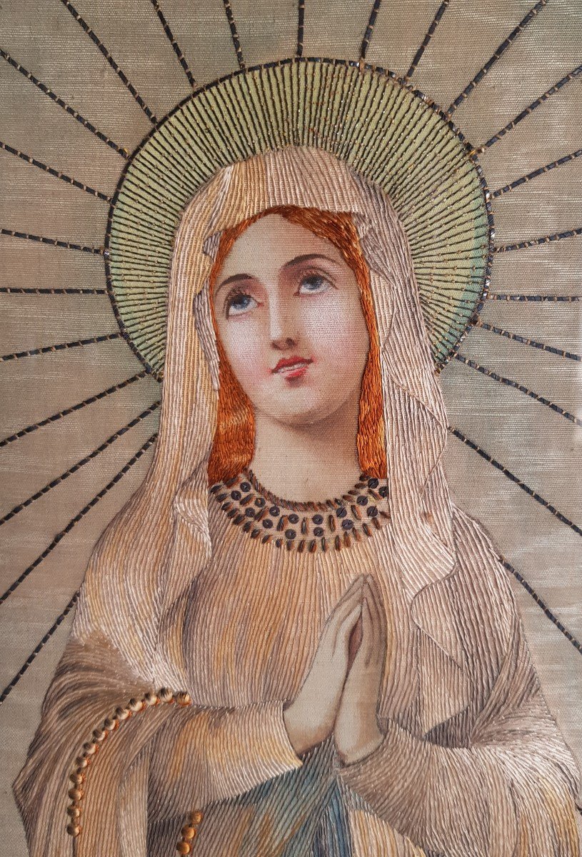 Vierge De Fatima Tableau Peint Et Brodé  Art Nouveau-photo-6
