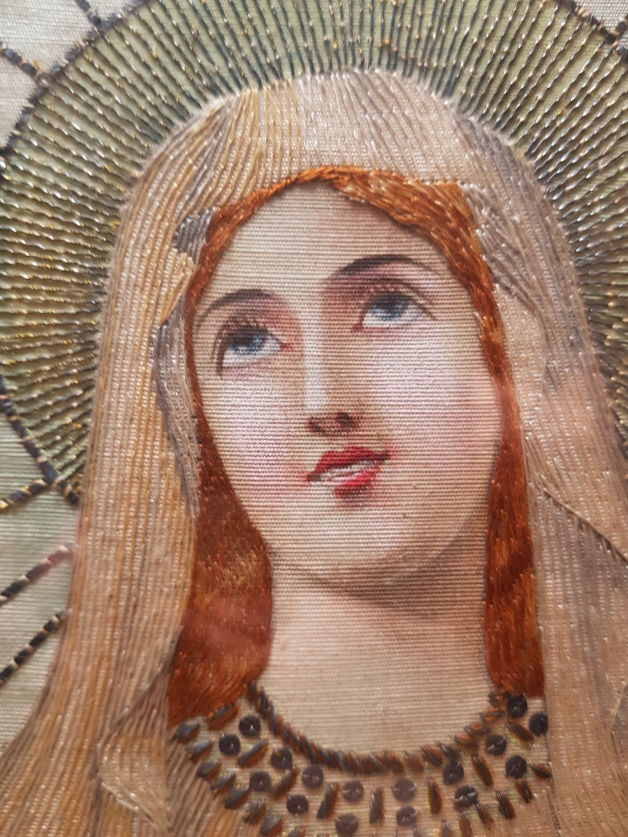 Vierge De Fatima Tableau Peint Et Brodé  Art Nouveau-photo-7