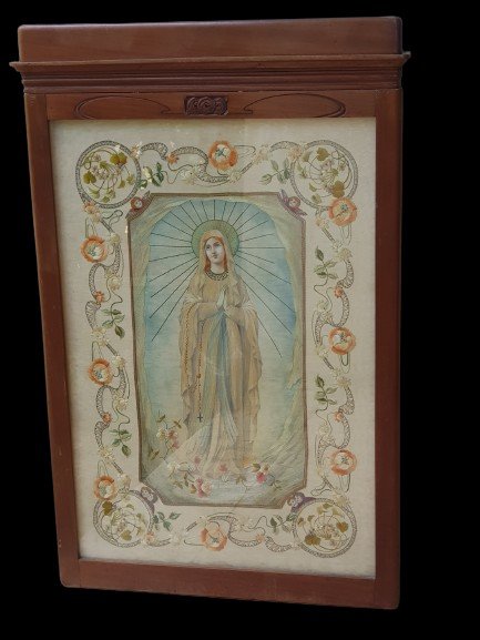 Vierge De Fatima Tableau Peint Et Brodé  Art Nouveau