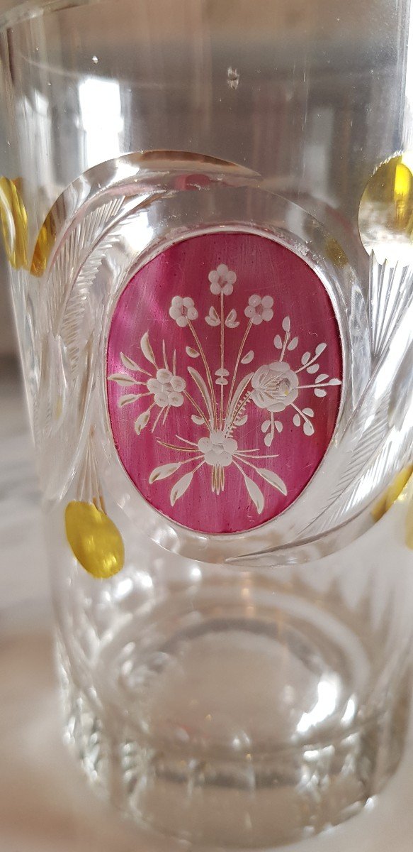 Verre Ancien Lourd Cristal De Bohême époque Biedermeier Couronne Et Fleurs Gravés H 13 Cm-photo-3