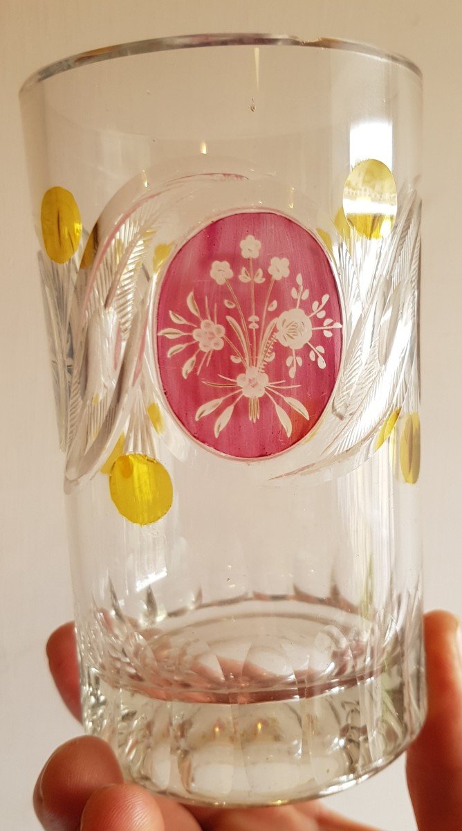 Verre Ancien Lourd Cristal De Bohême époque Biedermeier Couronne Et Fleurs Gravés H 13 Cm-photo-2