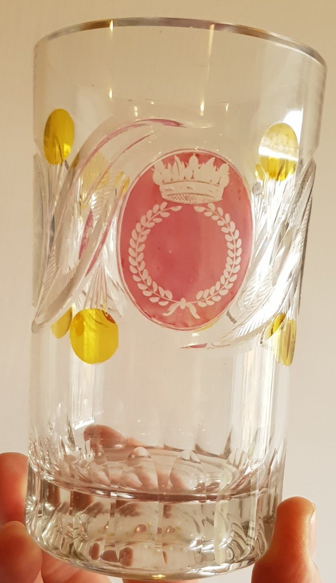 Verre Ancien Lourd Cristal De Bohême époque Biedermeier Couronne Et Fleurs Gravés H 13 Cm-photo-3