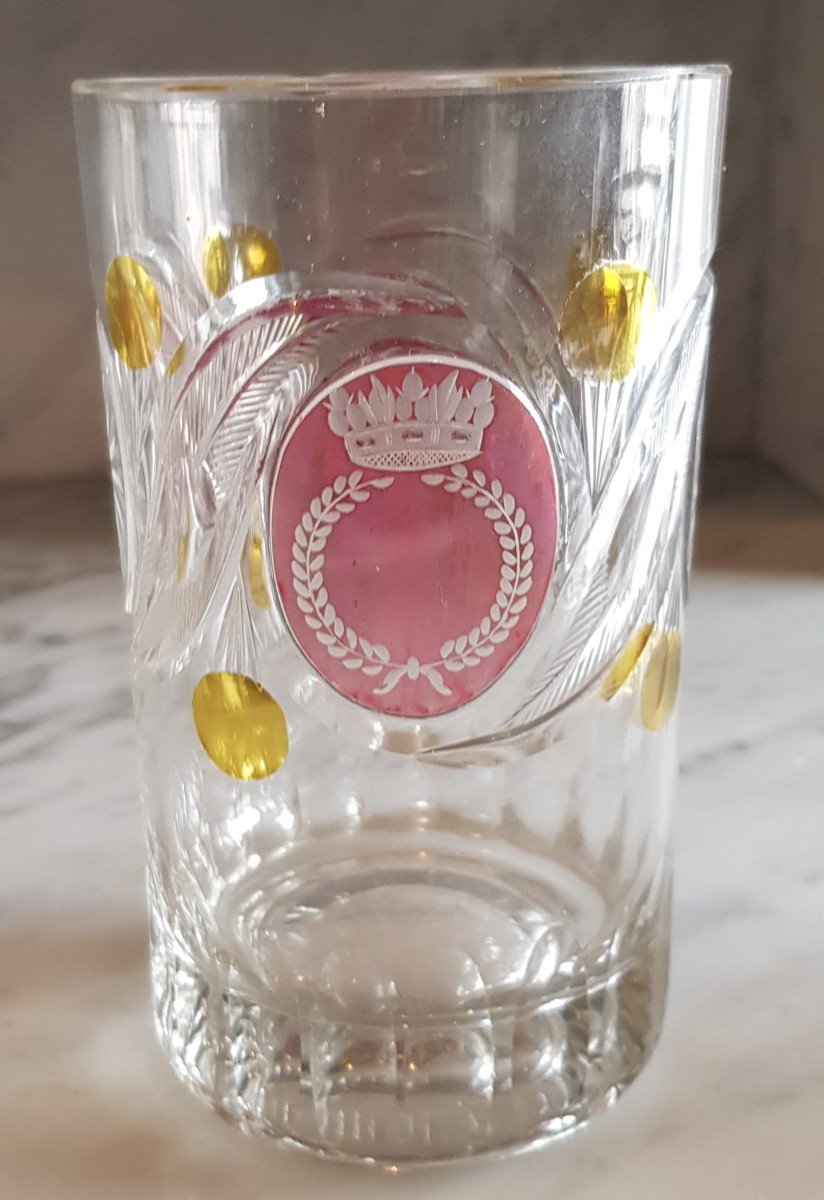 Verre Ancien Lourd Cristal De Bohême époque Biedermeier Couronne Et Fleurs Gravés H 13 Cm