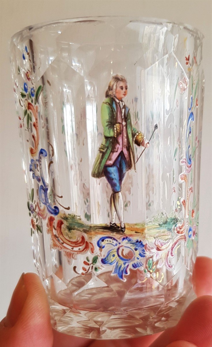 Paire De Goblets Anciens  XIX S En Cristal Taillé Et Finement émaillés Miniatures H 8,5 Cm-photo-3