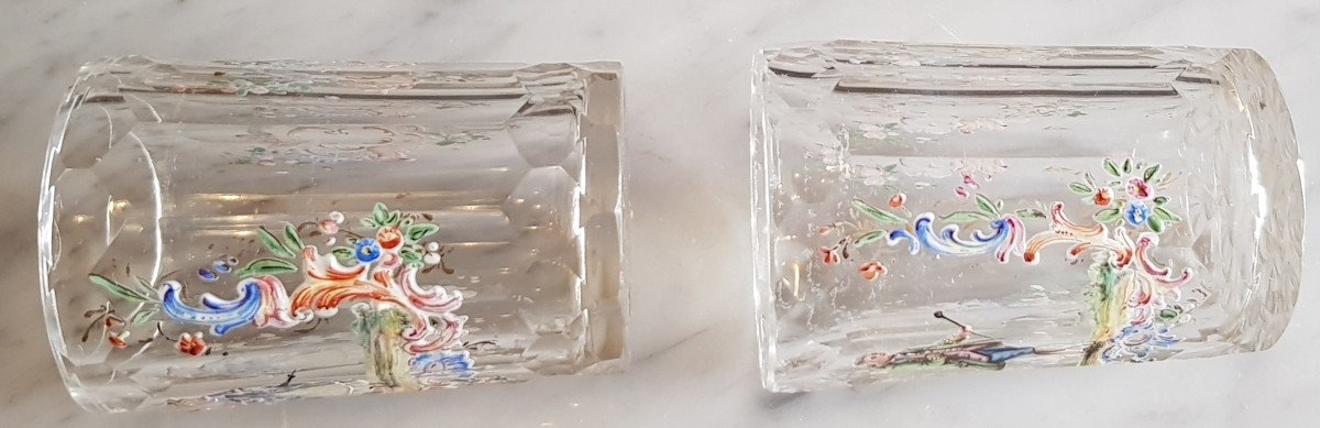 Paire De Goblets Anciens  XIX S En Cristal Taillé Et Finement émaillés Miniatures H 8,5 Cm-photo-4