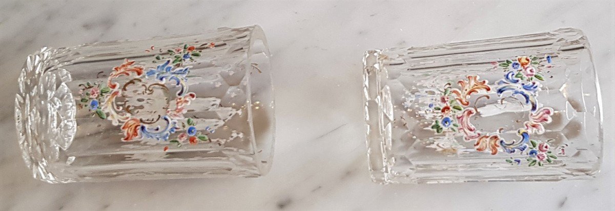 Paire De Goblets Anciens  XIX S En Cristal Taillé Et Finement émaillés Miniatures H 8,5 Cm-photo-1