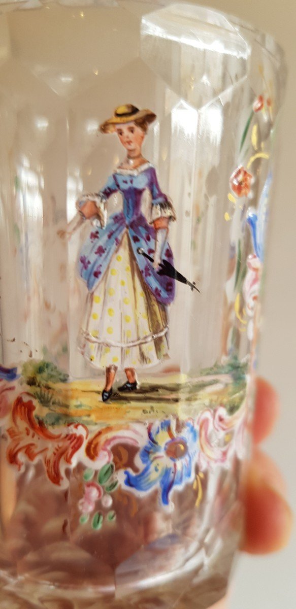 Paire De Goblets Anciens  XIX S En Cristal Taillé Et Finement émaillés Miniatures H 8,5 Cm-photo-4