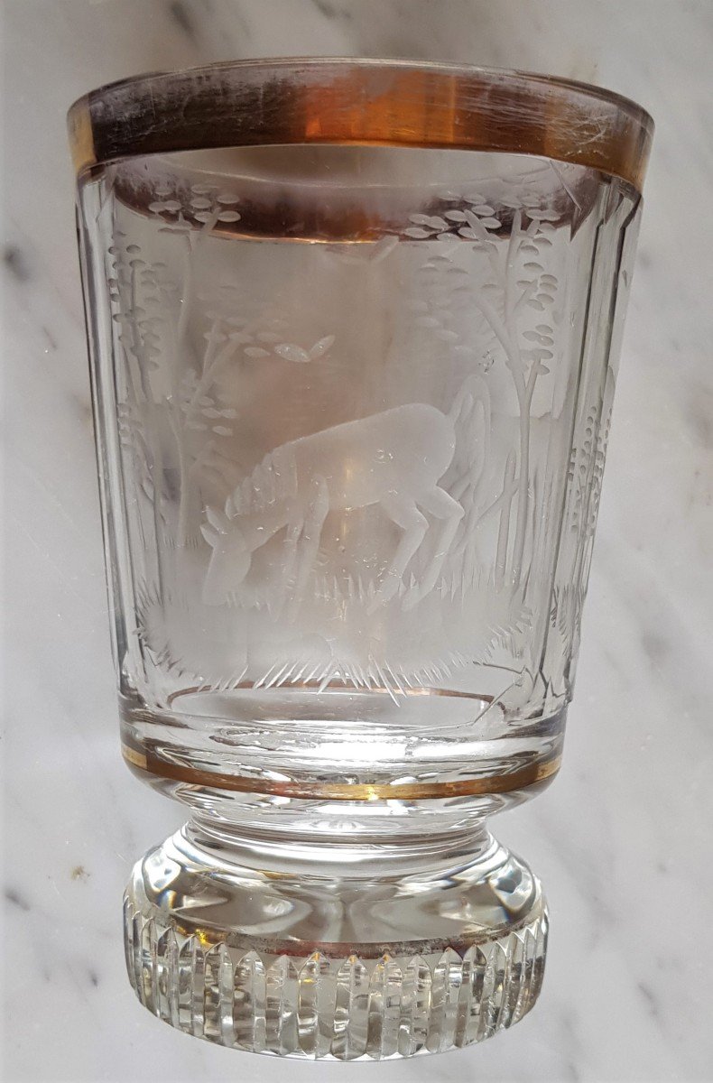 Verre En Cristal De Bohème Ancien Cristal Gravé Decor Animaux