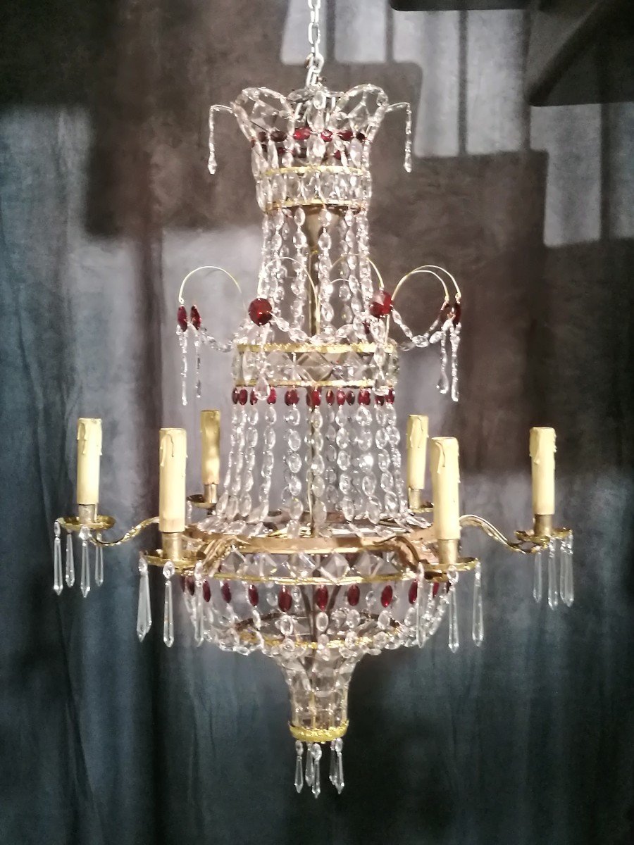  Lustre Italien Ancien époque Empire Tole Repoussée Et Cristaux 