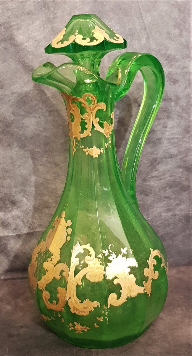 Importante Caraffa Decanter  Cristallo Verde uralino Decoro Dipinto In Oro Boemia '800-photo-2