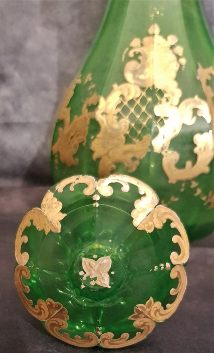 Importante Caraffa Decanter  Cristallo Verde uralino Decoro Dipinto In Oro Boemia '800-photo-3