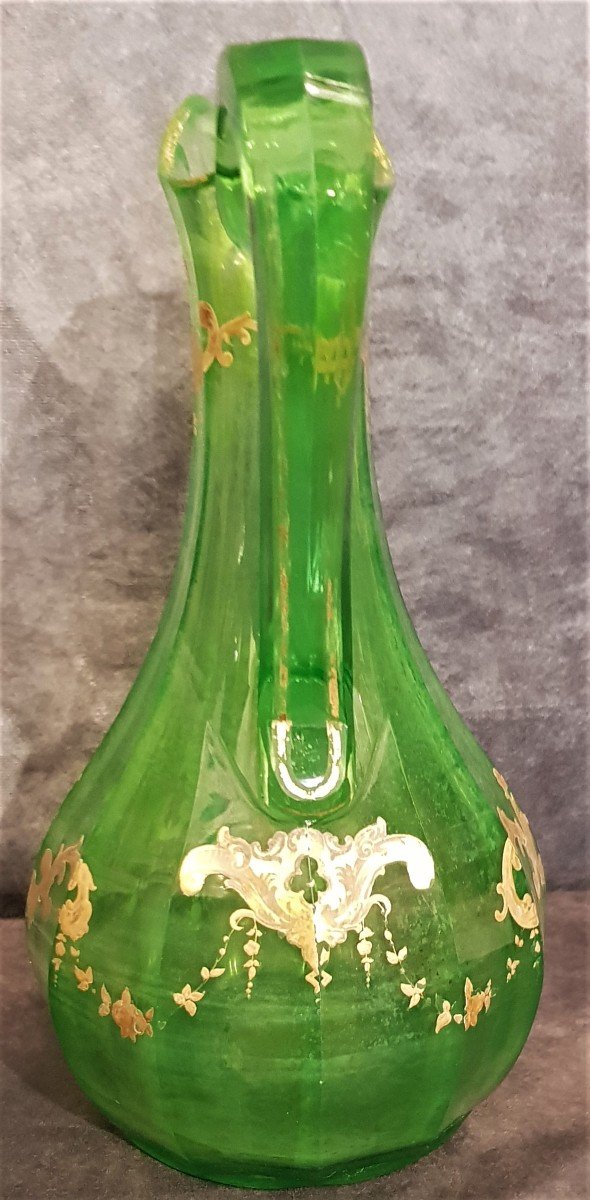 Importante Caraffa Decanter  Cristallo Verde uralino Decoro Dipinto In Oro Boemia '800-photo-4