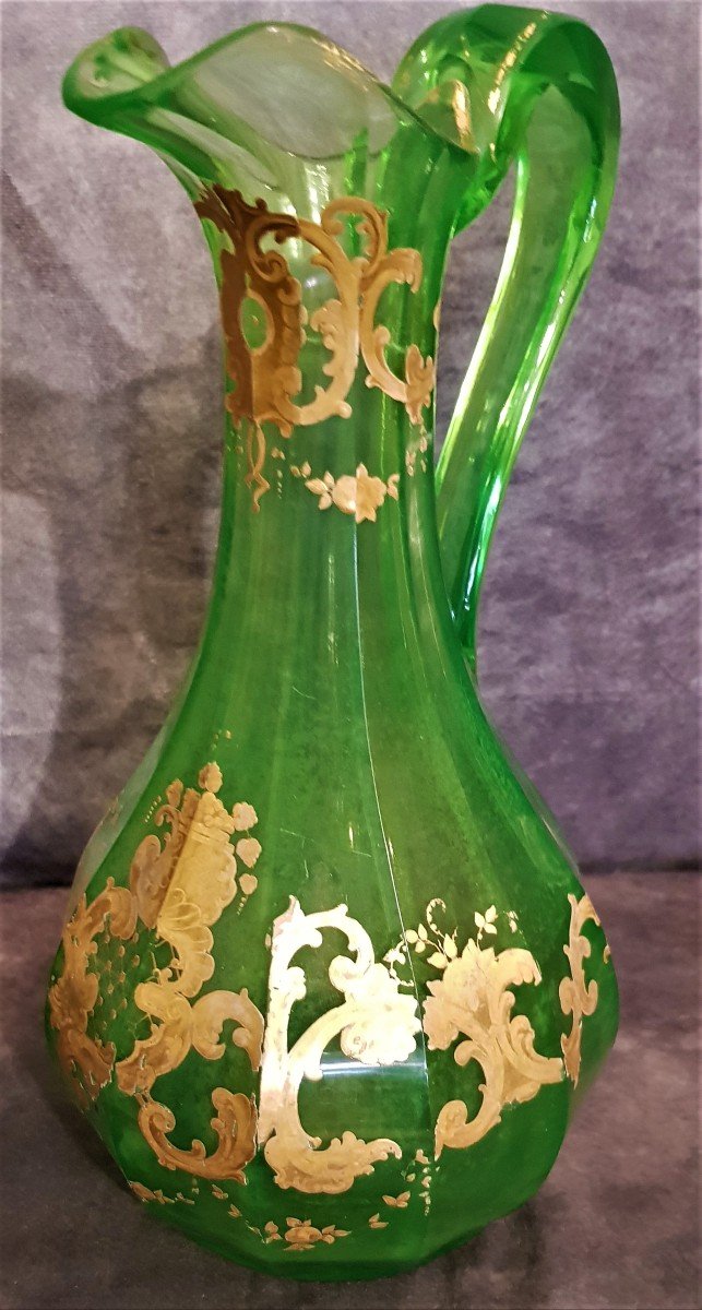 Importante Caraffa Decanter  Cristallo Verde uralino Decoro Dipinto In Oro Boemia '800-photo-2