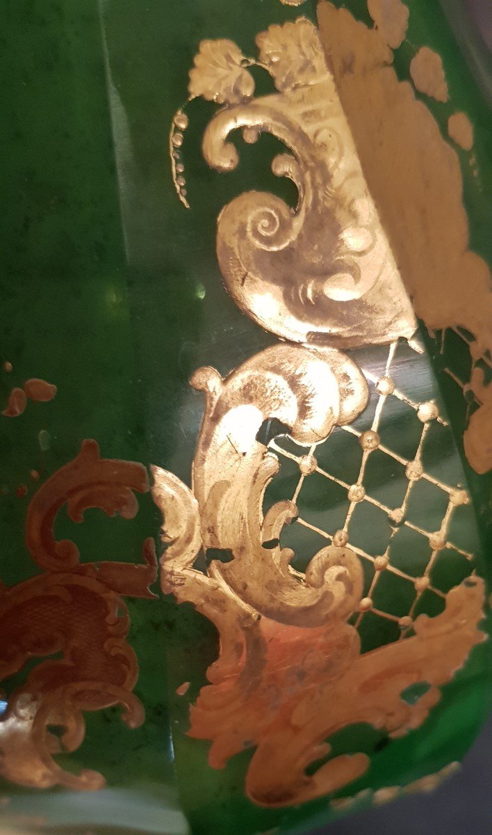 Importante Caraffa Decanter  Cristallo Verde uralino Decoro Dipinto In Oro Boemia '800-photo-4