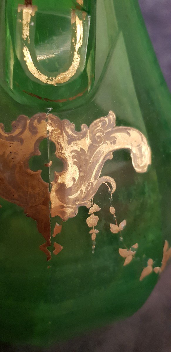Importante Caraffa Decanter  Cristallo Verde uralino Decoro Dipinto In Oro Boemia '800-photo-5