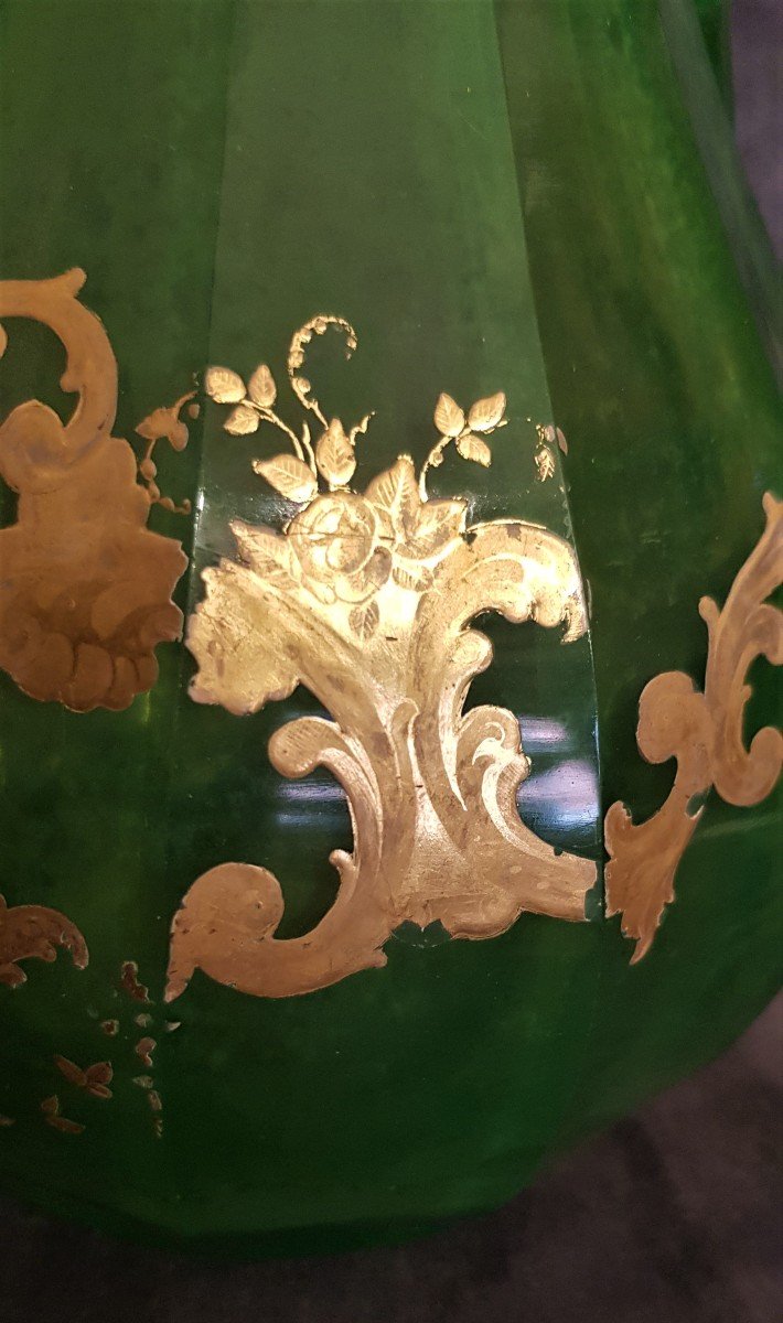 Importante Caraffa Decanter  Cristallo Verde uralino Decoro Dipinto In Oro Boemia '800-photo-6