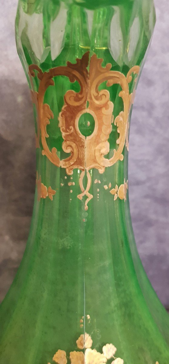 Importante Caraffa Decanter  Cristallo Verde uralino Decoro Dipinto In Oro Boemia '800-photo-7