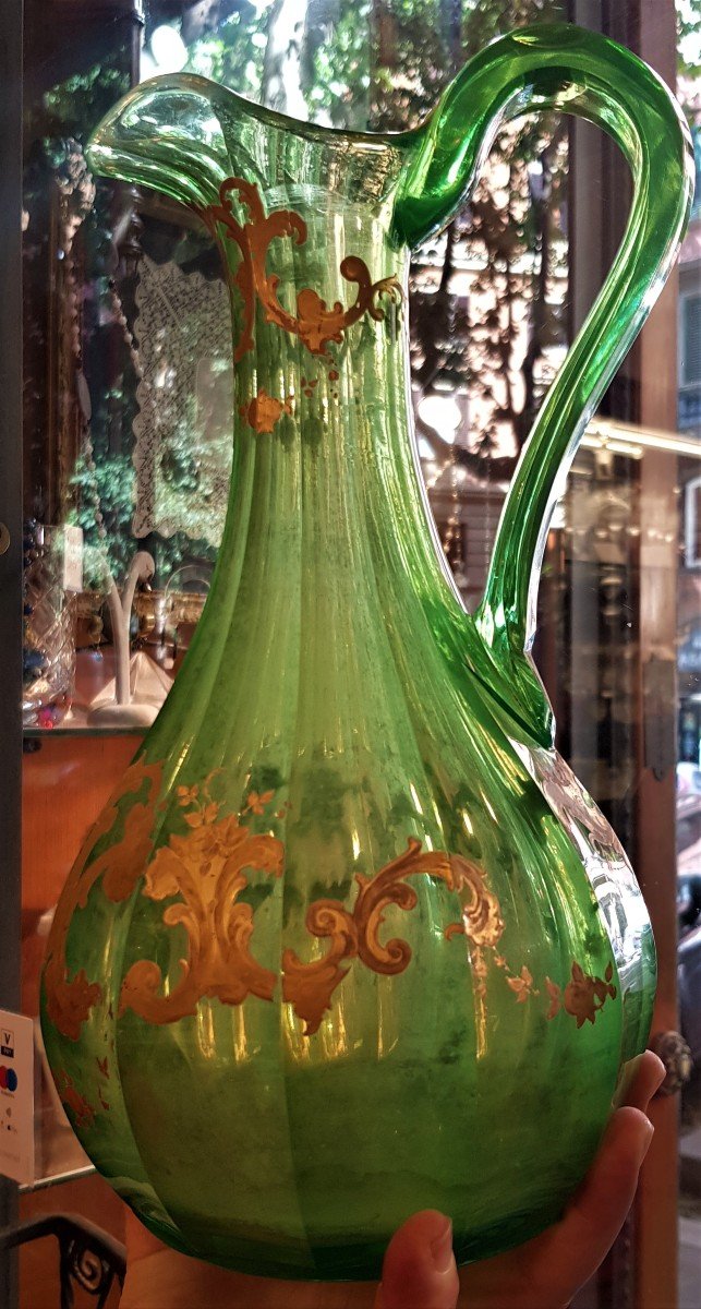 Importante Caraffa Decanter  Cristallo Verde uralino Decoro Dipinto In Oro Boemia '800-photo-8