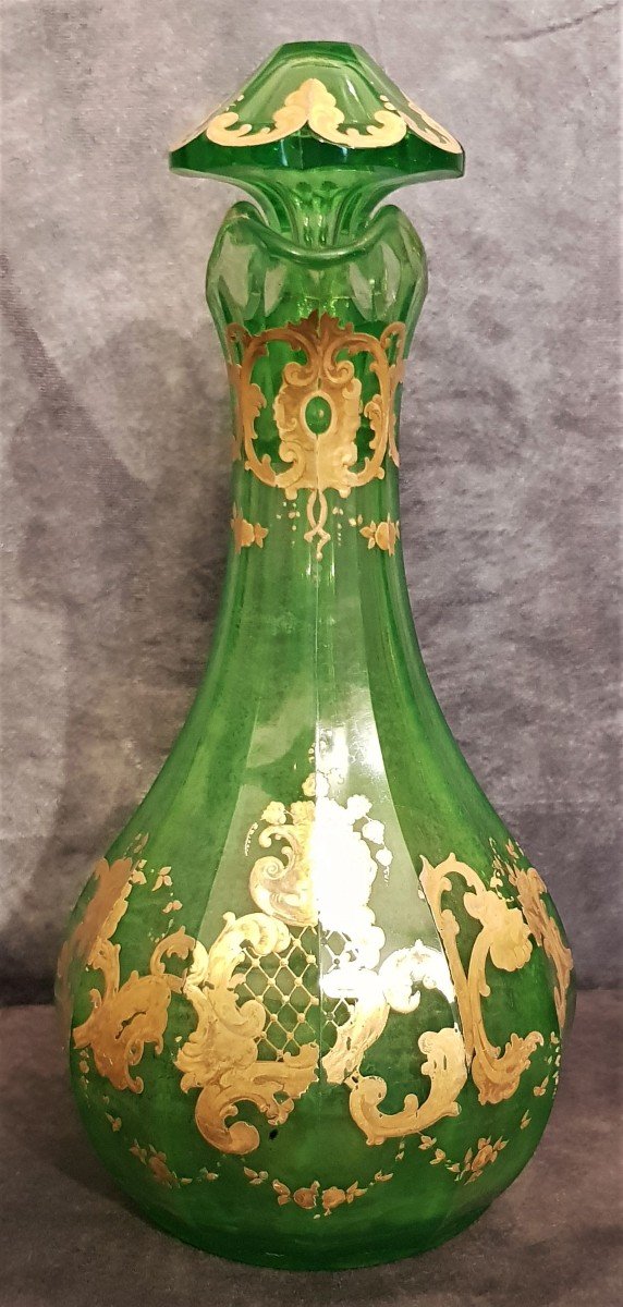 Importante Caraffa Decanter  Cristallo Verde uralino Decoro Dipinto In Oro Boemia '800