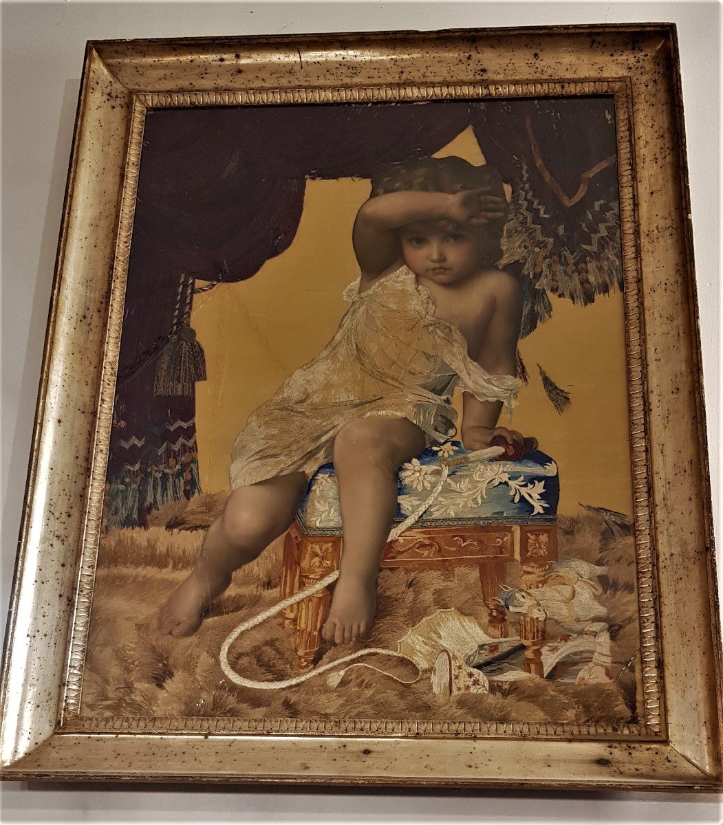  Grande Broderie d'époque Romantique Peinture à l'Aiguille Enfant Et Jouets 88x114 Cm-photo-2