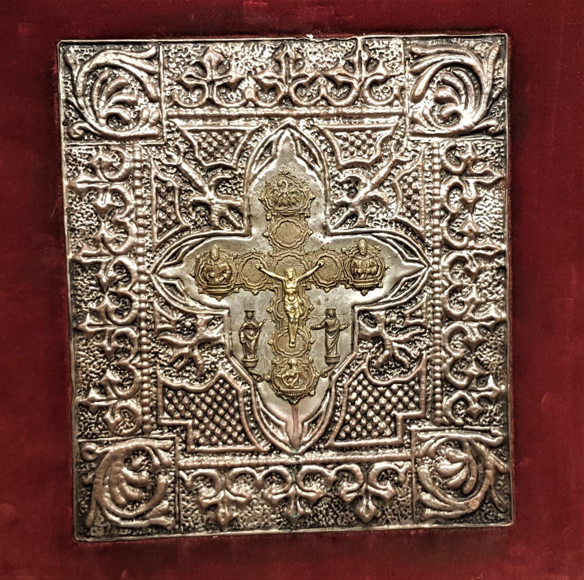  Tableau Crucifixion Plaque Cuivre Argenté Encadrée XIX S 