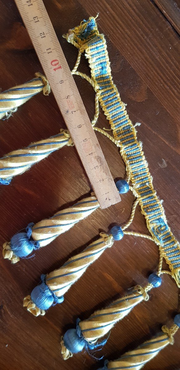 Passamaneria antica importante lunghezza Con Frange Blu E Oro Napoleone III 14,5 Metri Circa-photo-2