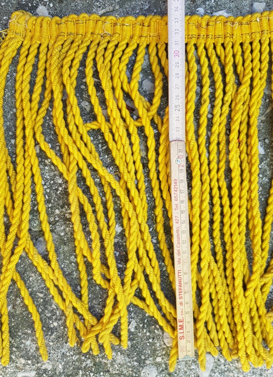 Lot Environ 5 Mètres Passementerie Ancienne Coton Franges Moulinées Jaunes Or Longues 33,5 Cm