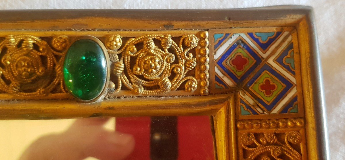 coppia di cornici antiche del XIX secolo in ottone e smalti con specchio bisellato 23x32 cm-photo-3