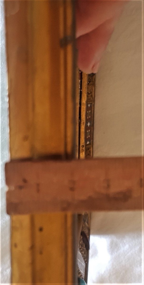 coppia di cornici antiche del XIX secolo in ottone e smalti con specchio bisellato 23x32 cm-photo-6