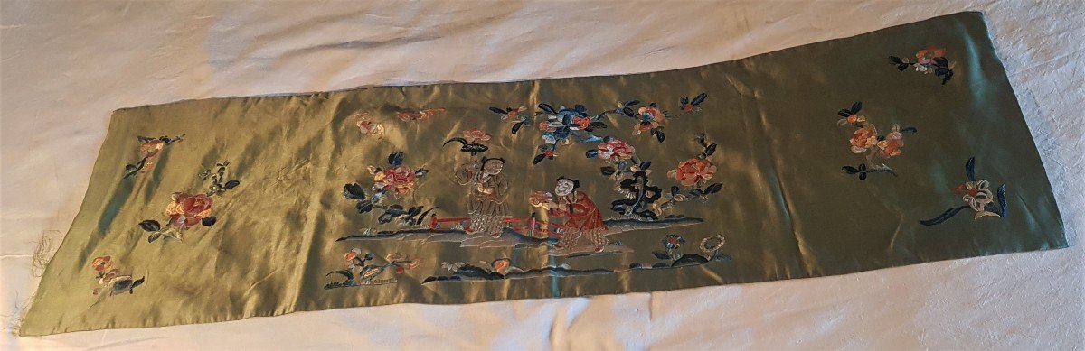 corsia antico ricamo cinese su seta 35 x 112 cm-photo-2